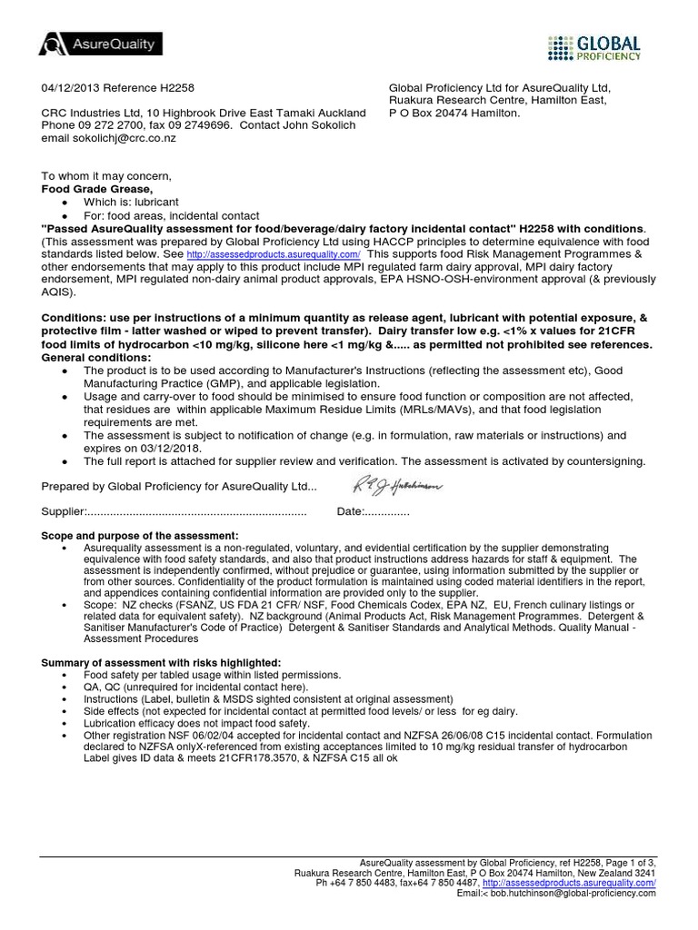 (CRC) Food Grade Grease H2258 02122013 Food Safety Food And Drug