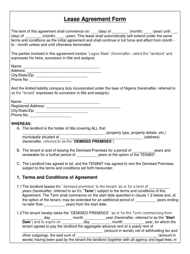 Sample Lease Agreement Form Between State and Company | PDF | Leasehold ...