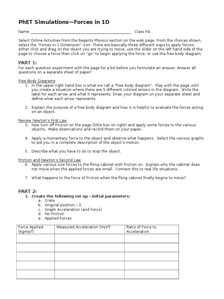 worksheet Free Body Diagram Worksheet With Answers phet forces 1d worksheet friction force
