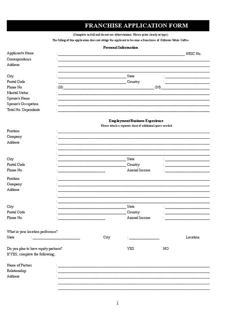 Oldtown Coffee Franchise Form | PDF | Real Estate Owned | Franchising