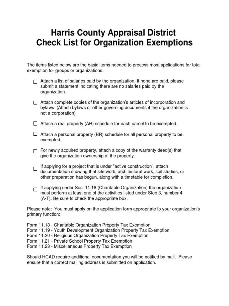 Harris County Appraisal District Check List For Organization 