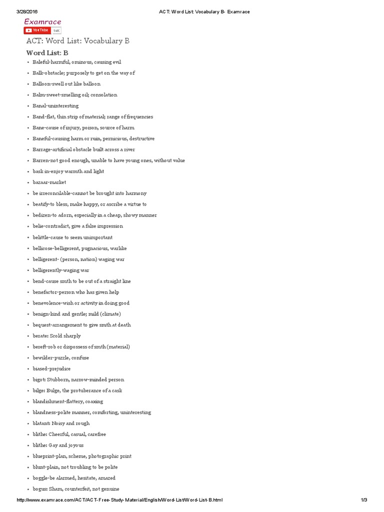 ACT Word List Vocabulary B Examrace PDF Student Assessment