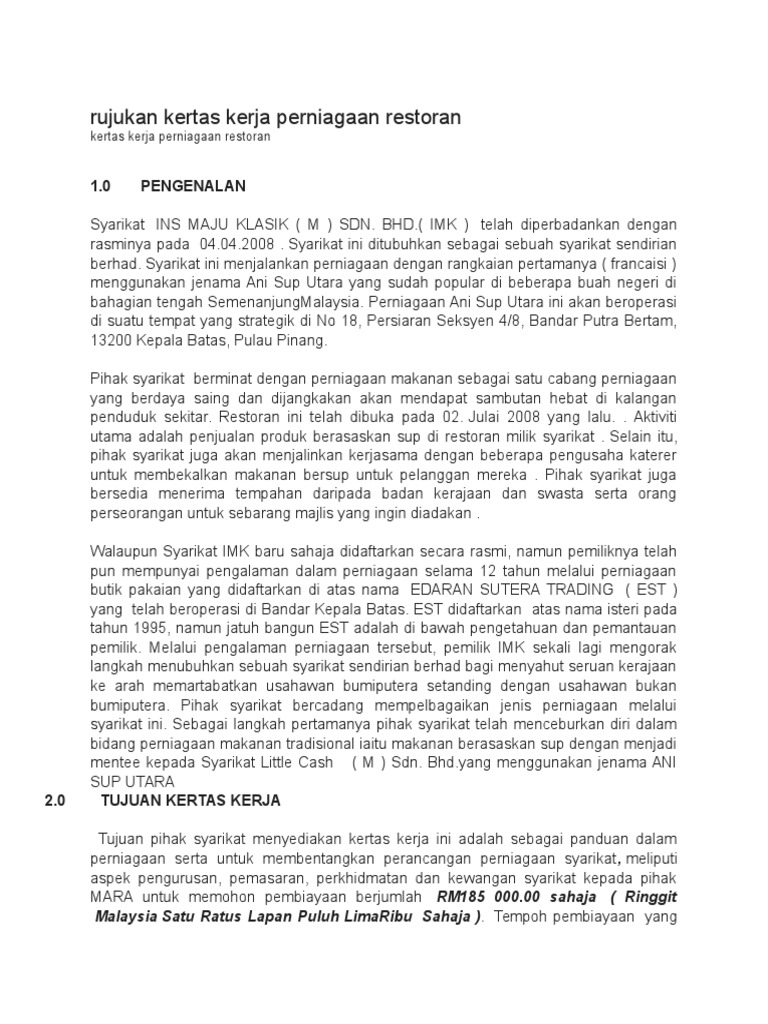 Rujukan Kertas Kerja Perniagaan Restoran Docx