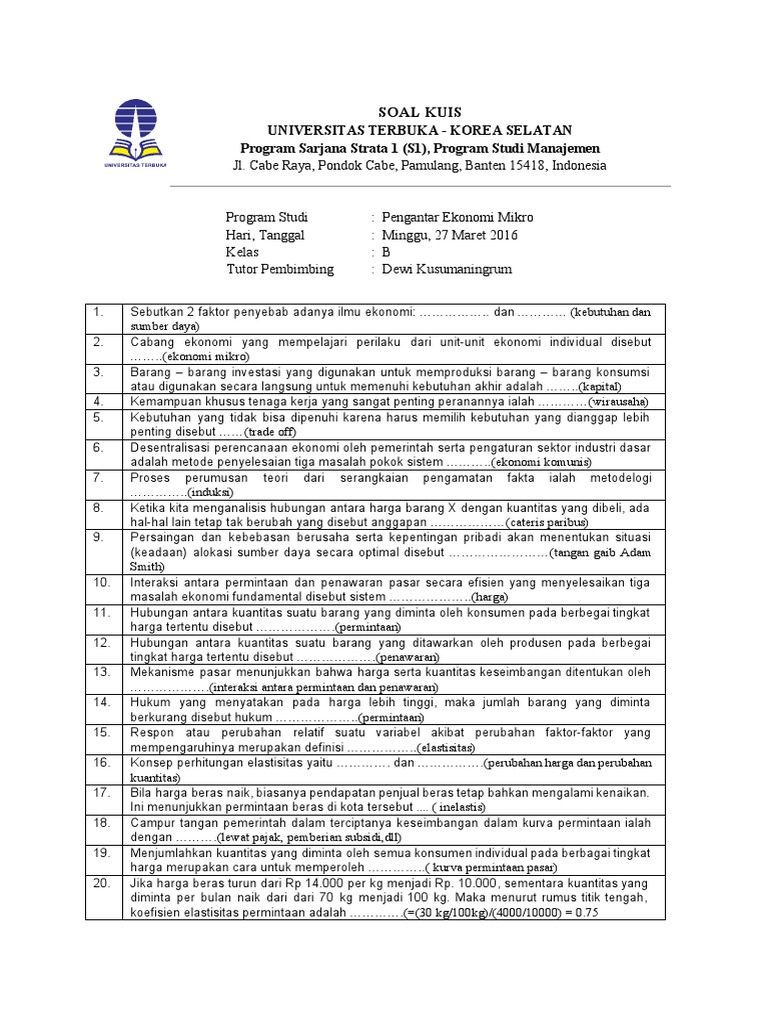 Soal Dan Jawaban Kuis Pengantar Ekonomi Mikro Pdf