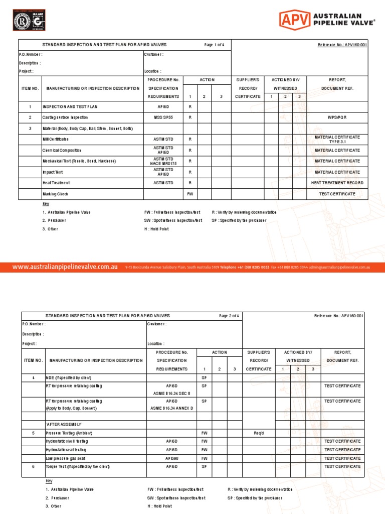 Standard Inspection and Test Plan For API6D Valves PDF | PDF | Valve ...
