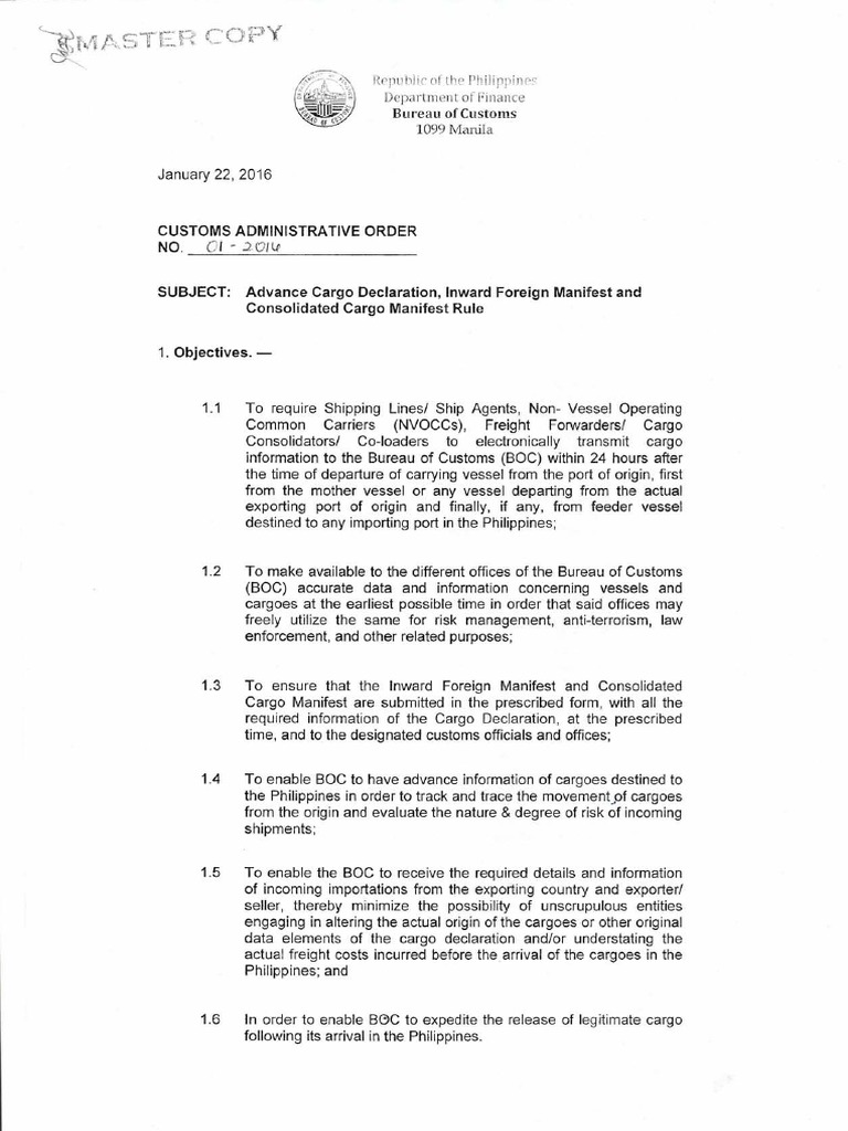BOC CAO 012016 Advance Cargo Declaration Inward Foreign Manifest Consolidated Cargo Manifest