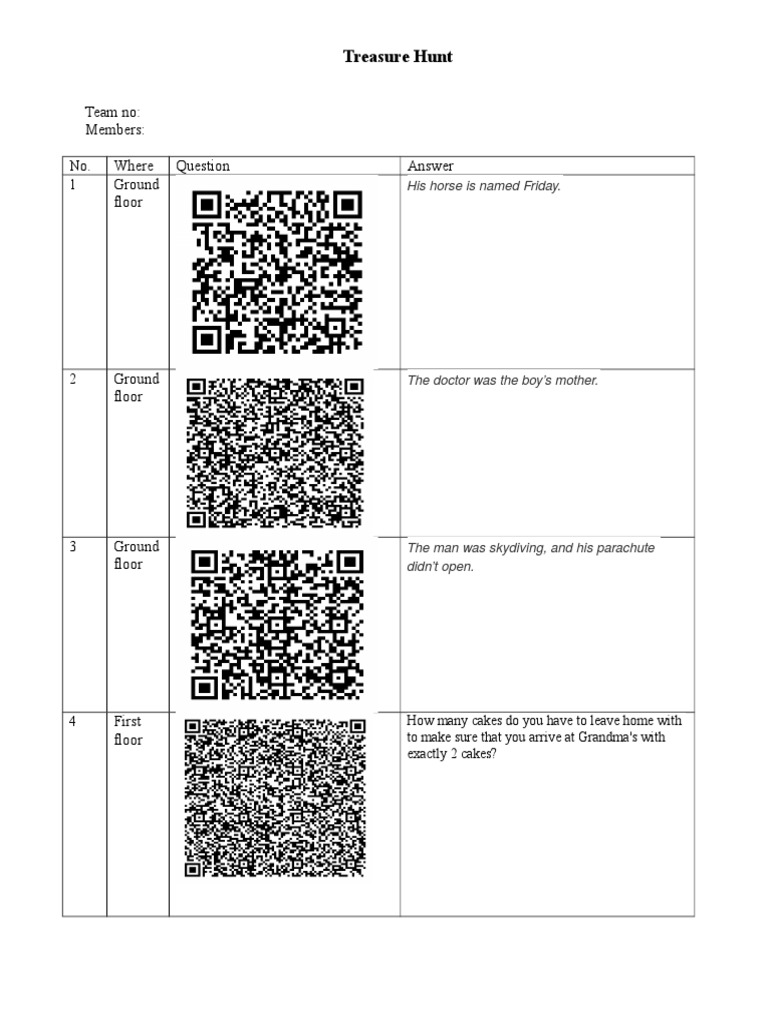 Treasure Hunt Answer Key with barcodes