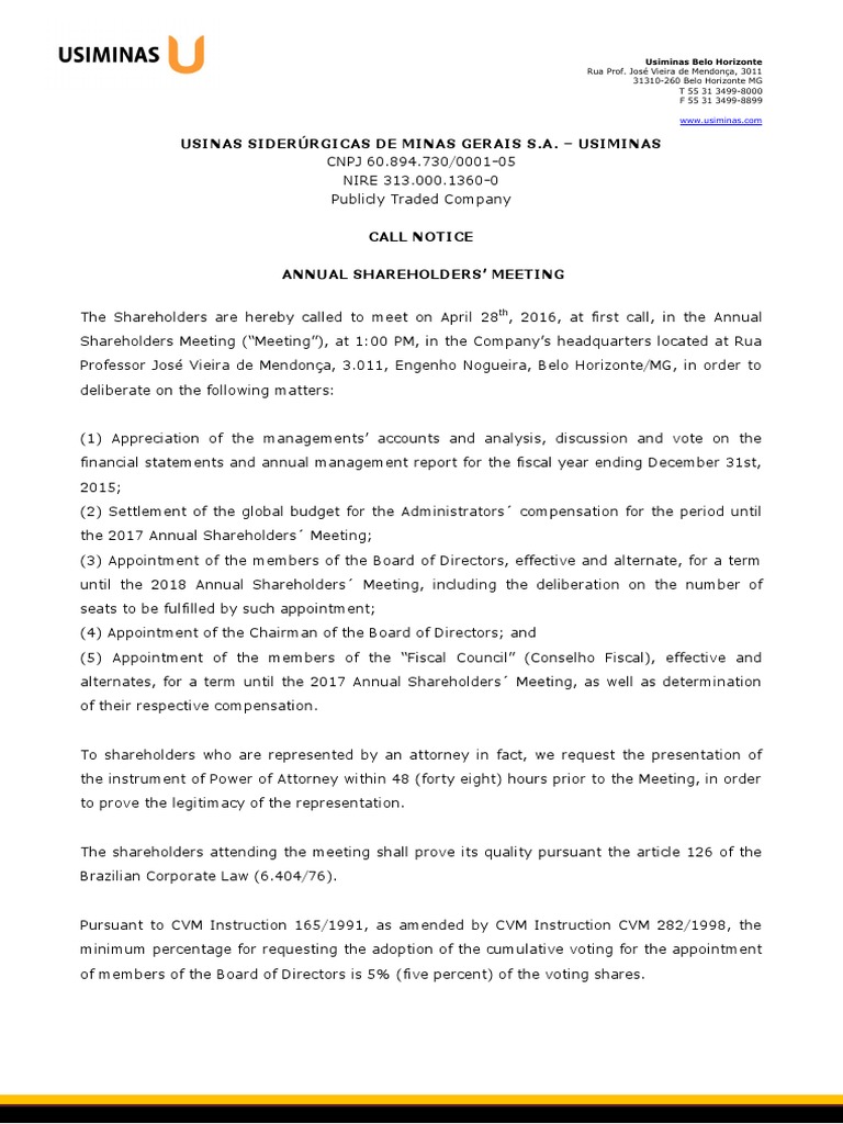 Call Notice - Annual Shareholders? Meeting | PDF