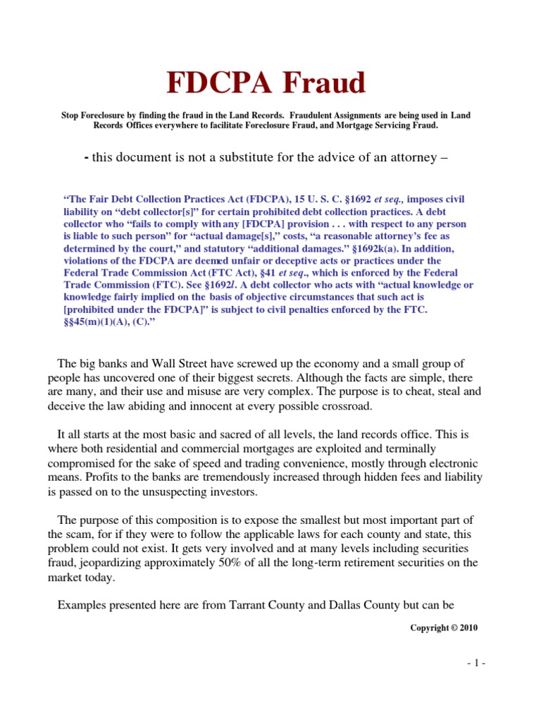 FDCPA Fraud | PDF | Foreclosure | Federal Trade Commission