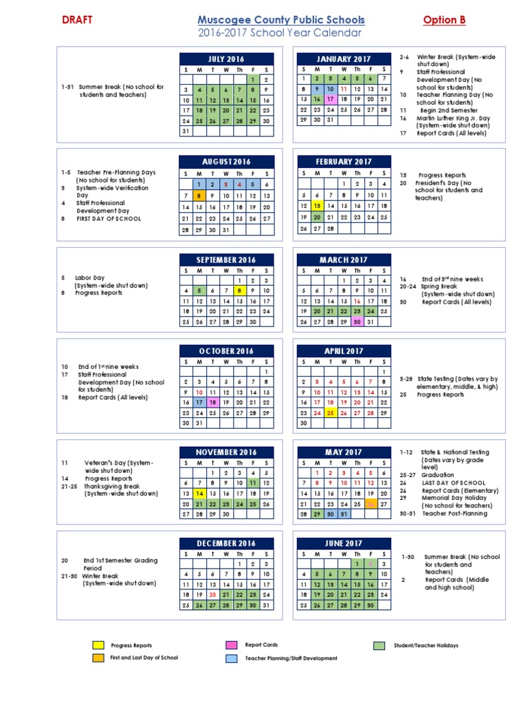 2016-2017 School Year Calendar Option B | PDF | Academic Term | Educational  Organizations