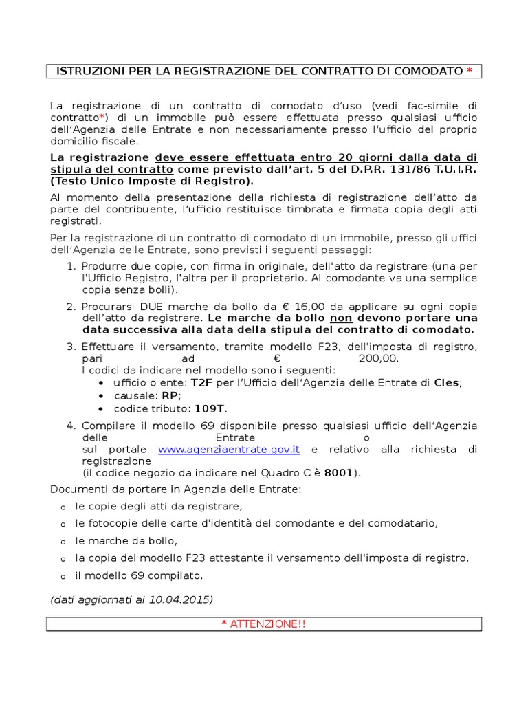 Contratto Di Comodato Facsimile Ed Istruzioni Per La