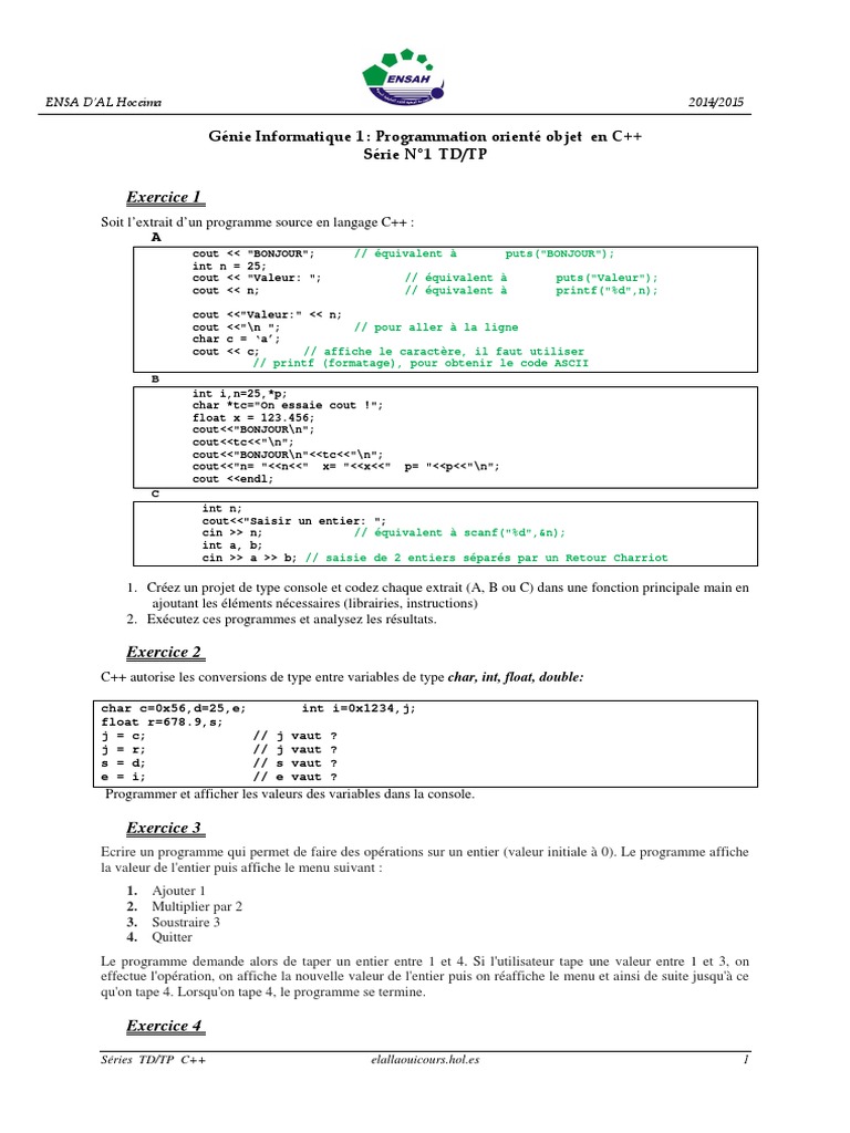 Exercices Corrigés en C++ pour Débutants | PDF | Classe (informatique ...