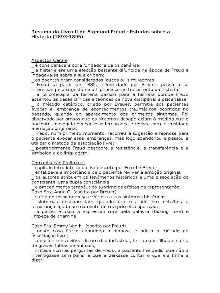 Resumo Do Livro II de Sigmund Freud | PDF | Histeria | Sigmund Freud