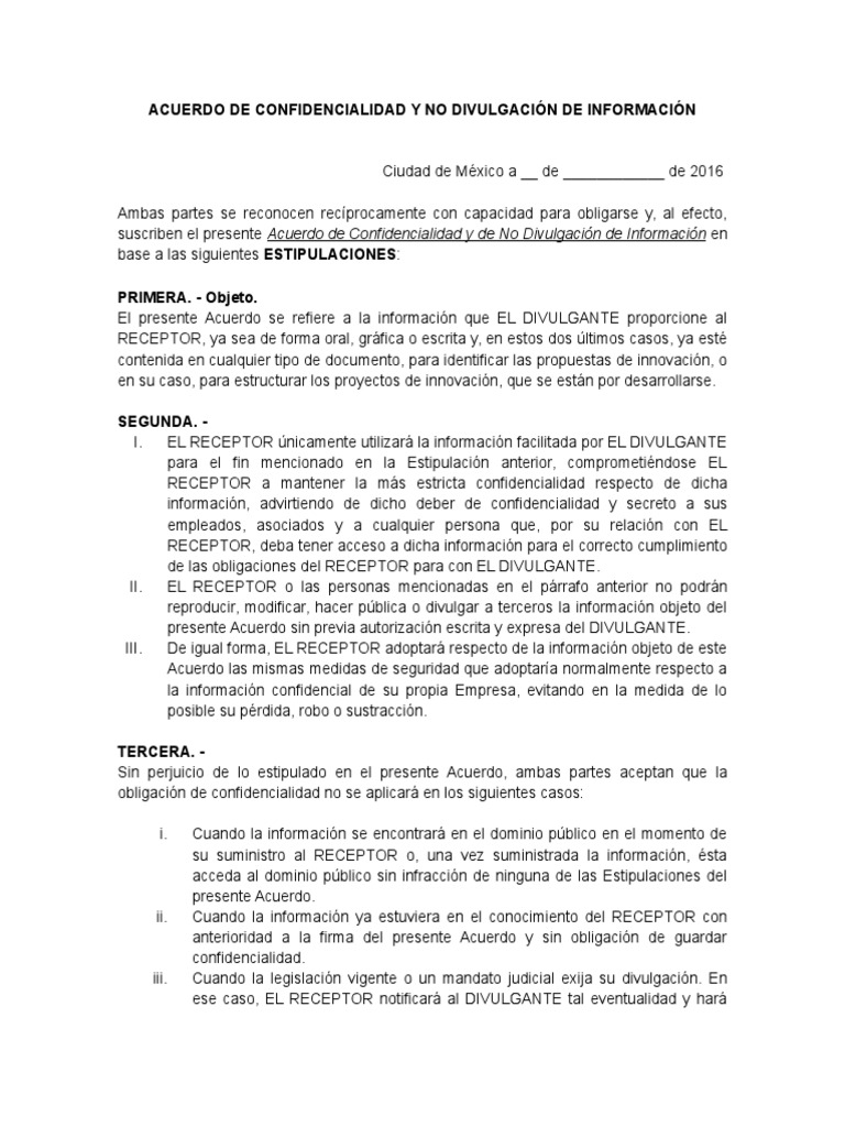 Acuerdo de Confidencialidad y No Divulgación de Información PDF Confidencialidad Información