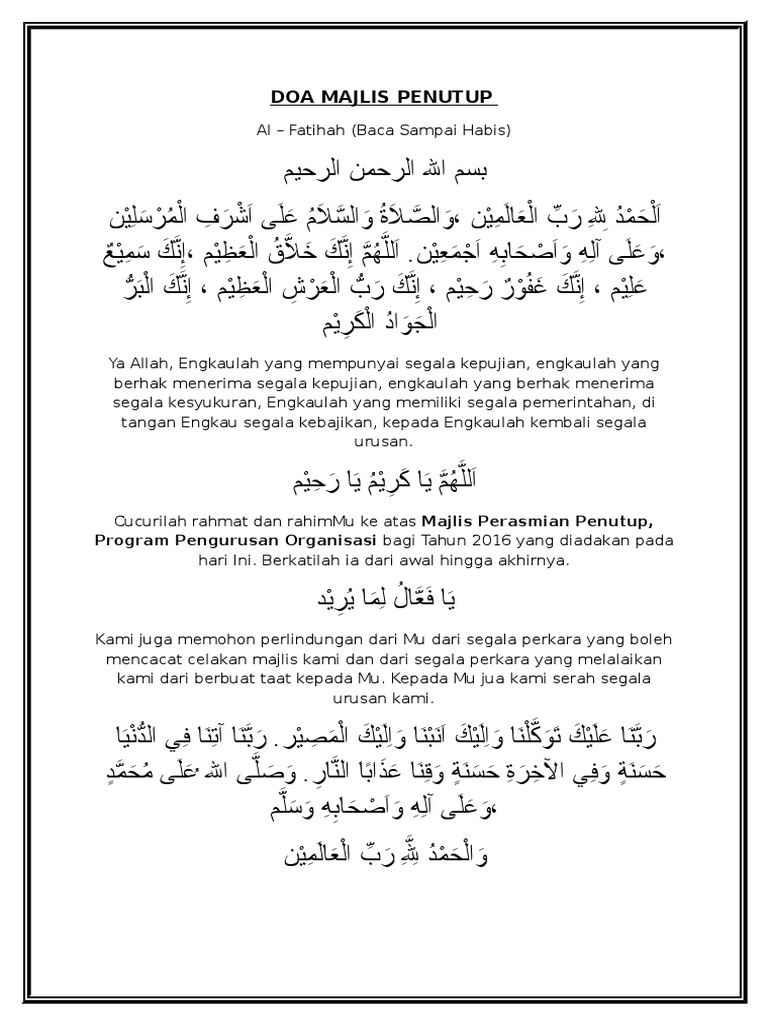 Doa Ringkas Majlis Penutup Contoh