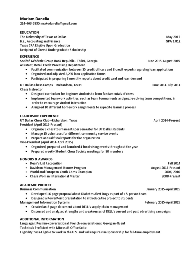 Chess Coach Resume - Mariam Danelia | PDF | Career & Growth