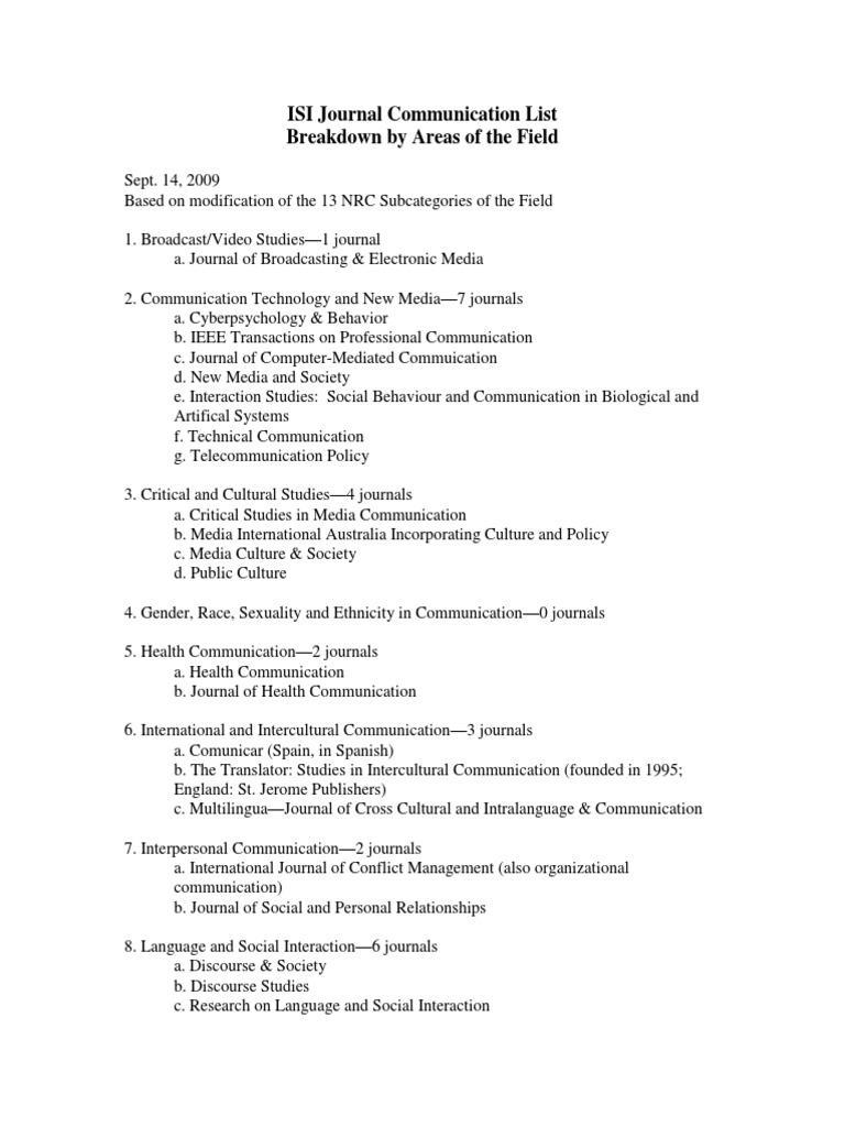 ISI Journal Communication List Breakdown by Areas of The Field | PDF ...