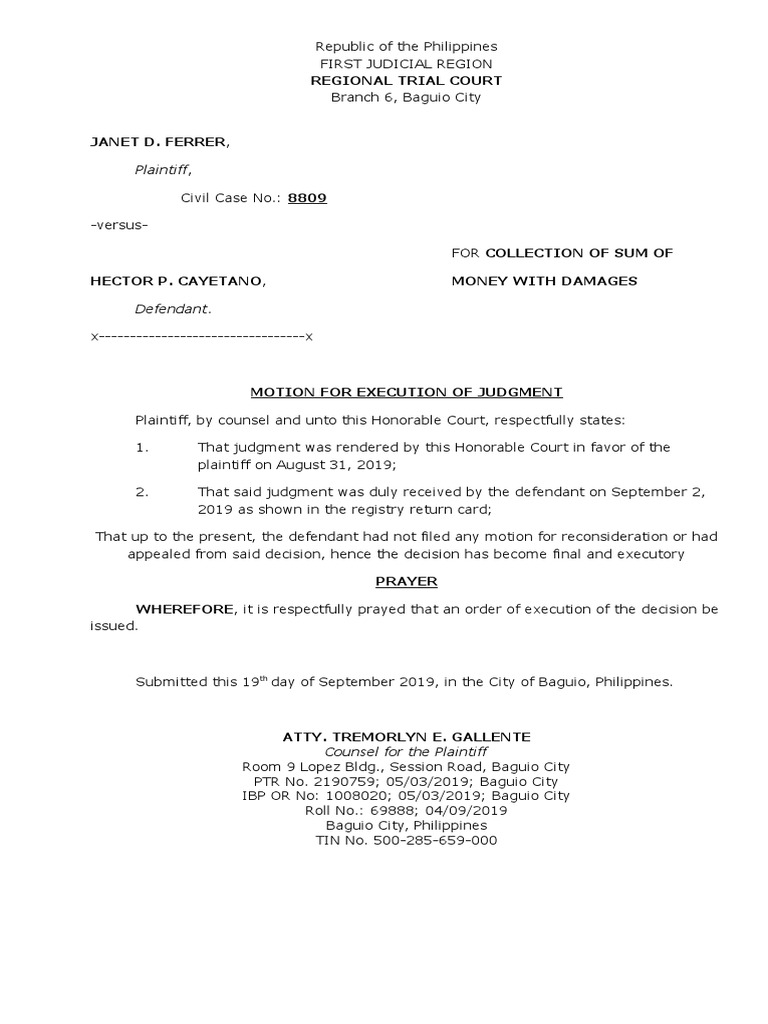 Motion For Execution of Judgment