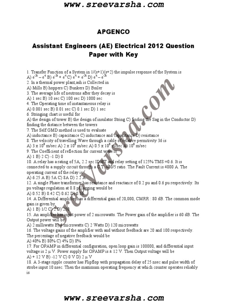 APGENCO AE Electrical 2012 Paper | PDF | Fraction (Mathematics) | Amplifier