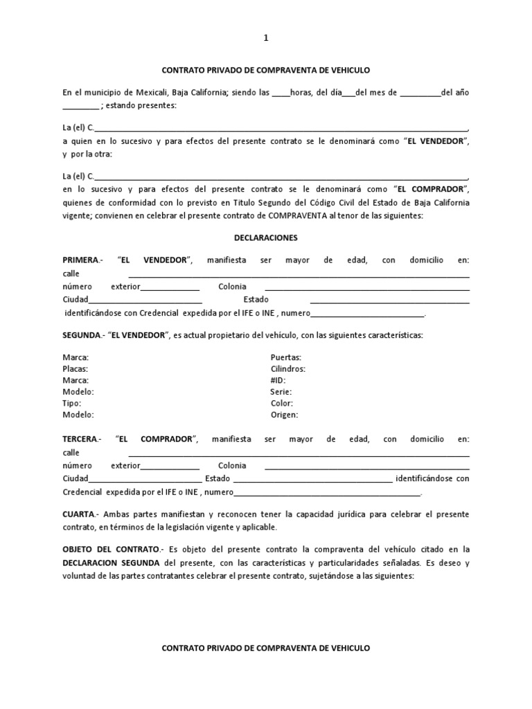 Contrato Privado de Compraventa de Vehiculo Ley común