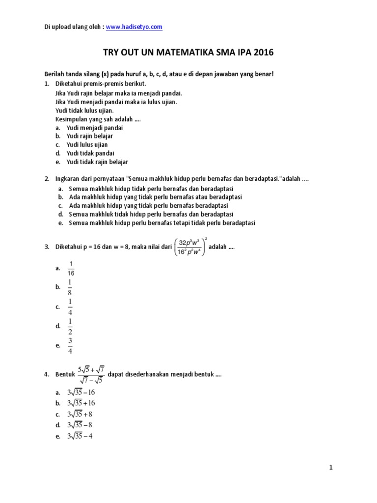 Soal Un Matematika Sma Ipa 2016