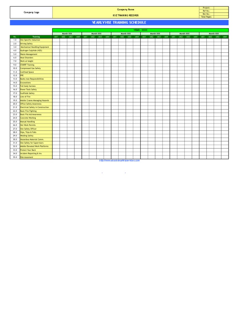 Yearly Hse Training Schedule