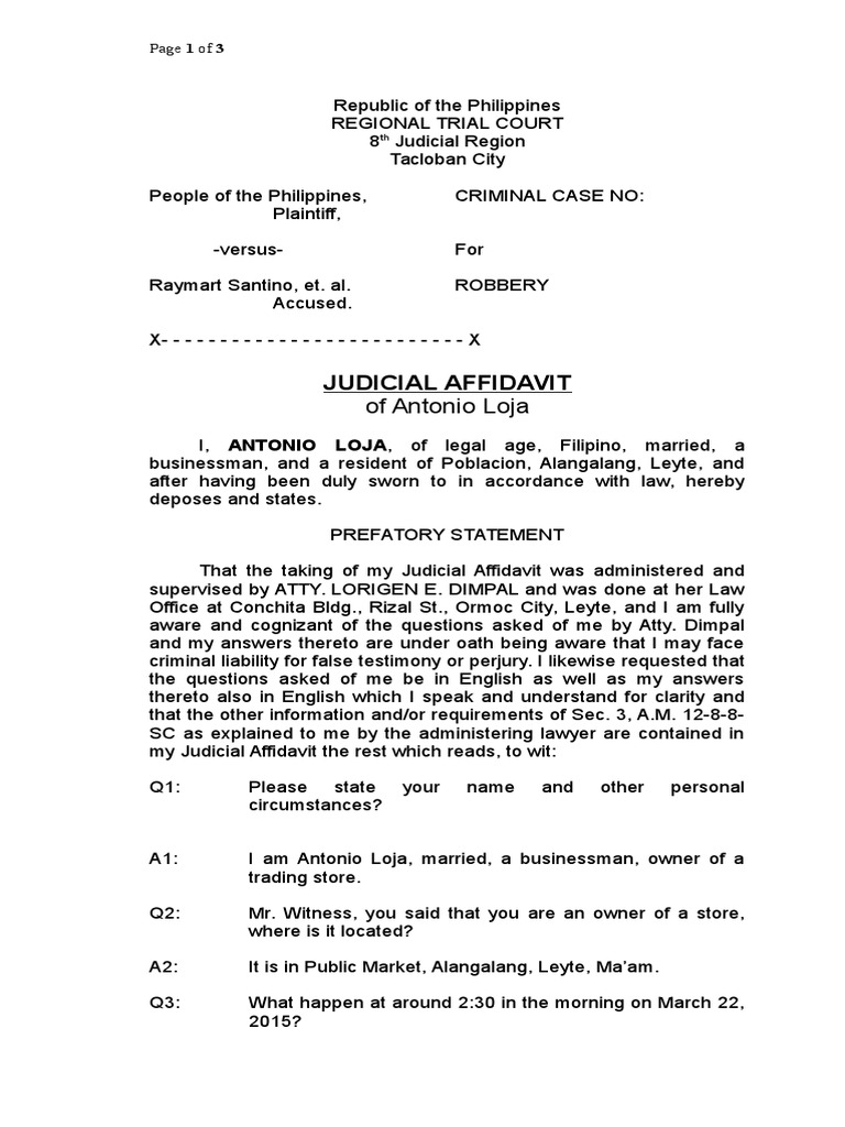 Judicial Affidavit Robbery Affidavit Perjury