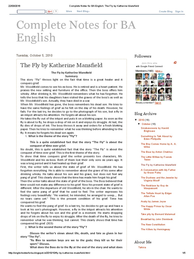 Complete Notes for BA English_ the Fly by Katherine Mansfield Fiction