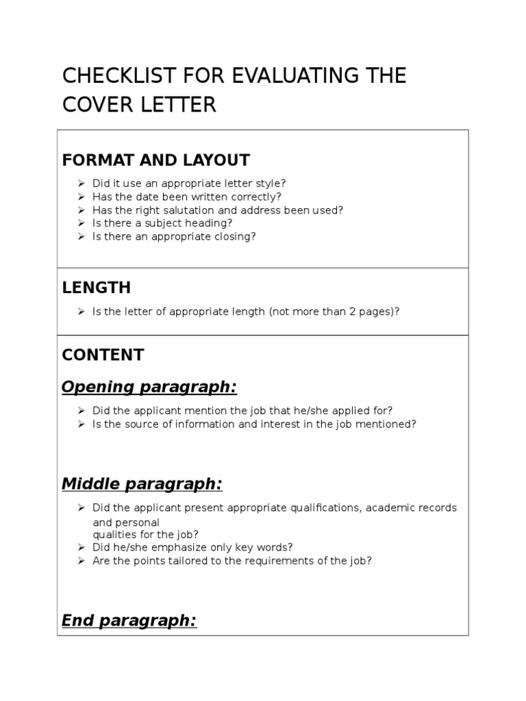 Cover Letter Evaluation Checklist | PDF | Résumé | Cognitive Science