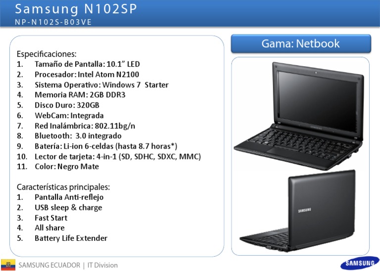 Especificaciones Samsung N102SP Netbook | PDF