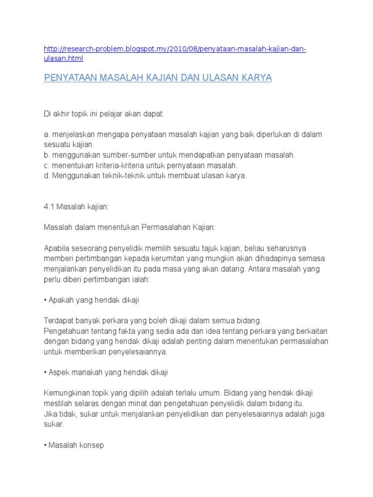 Penyataan Masalah Kajian Dan Ulasan Karya Pdf