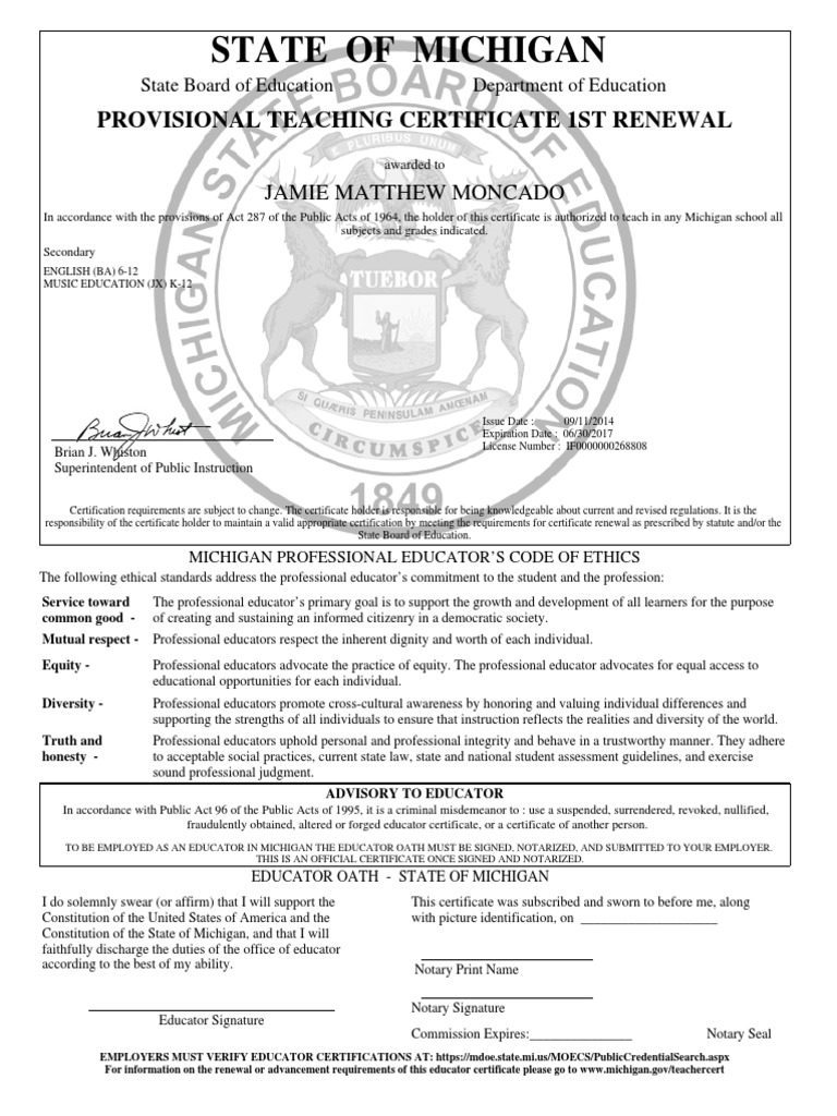 michigan certificate Notary Public Virtue