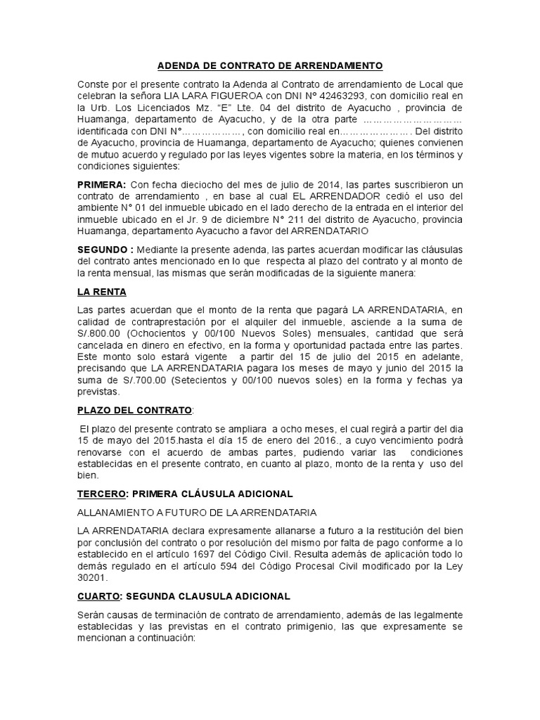 ADENDA De Contrato De Arrendamiento PDF Alquiler Gobierno