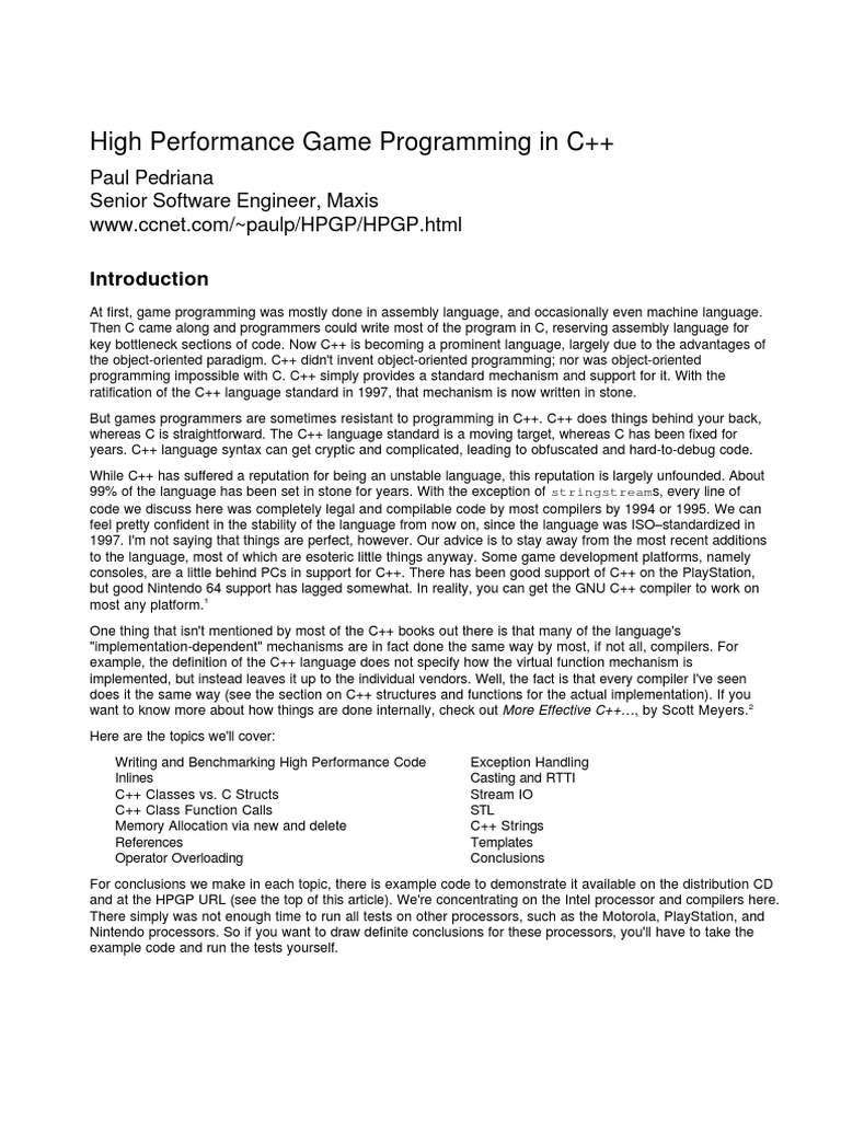 High Performance Game Programming in C++ | PDF | C++ | Pointer ...