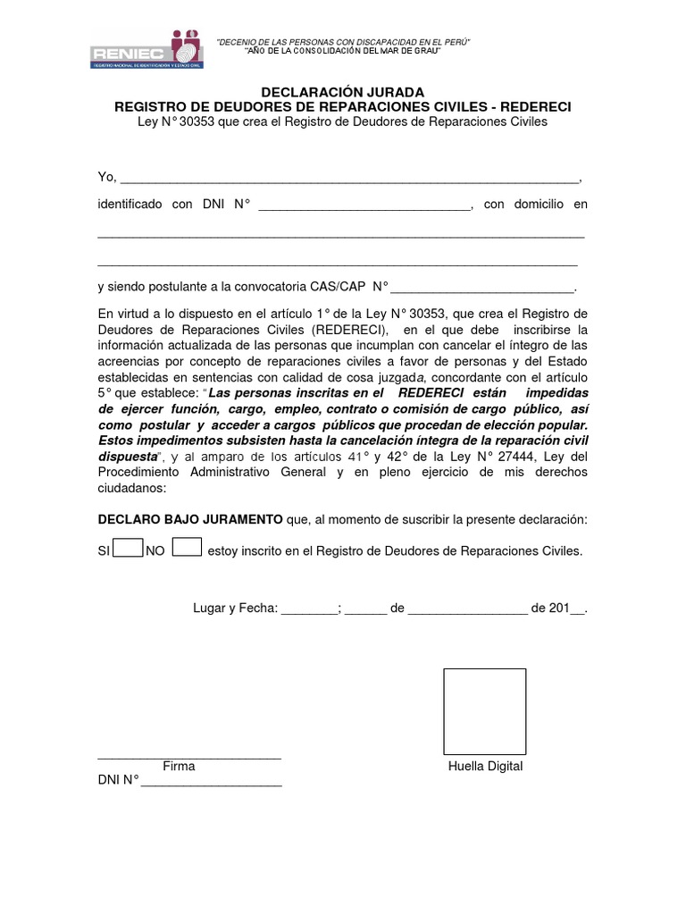 Declaracion Jurada para Reniec | PDF | Instituciones sociales ...