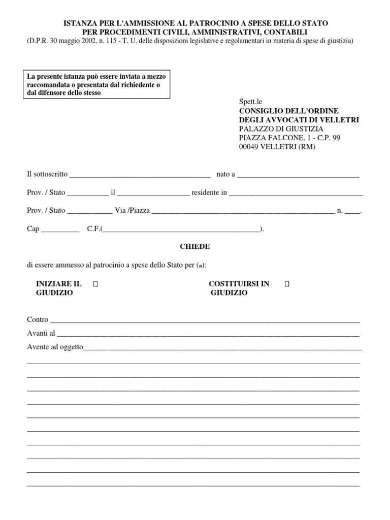 Documenti Per Gratuito Patrocinio 2023 Richiesta Gratuito Patrocinio Civile - Velletri