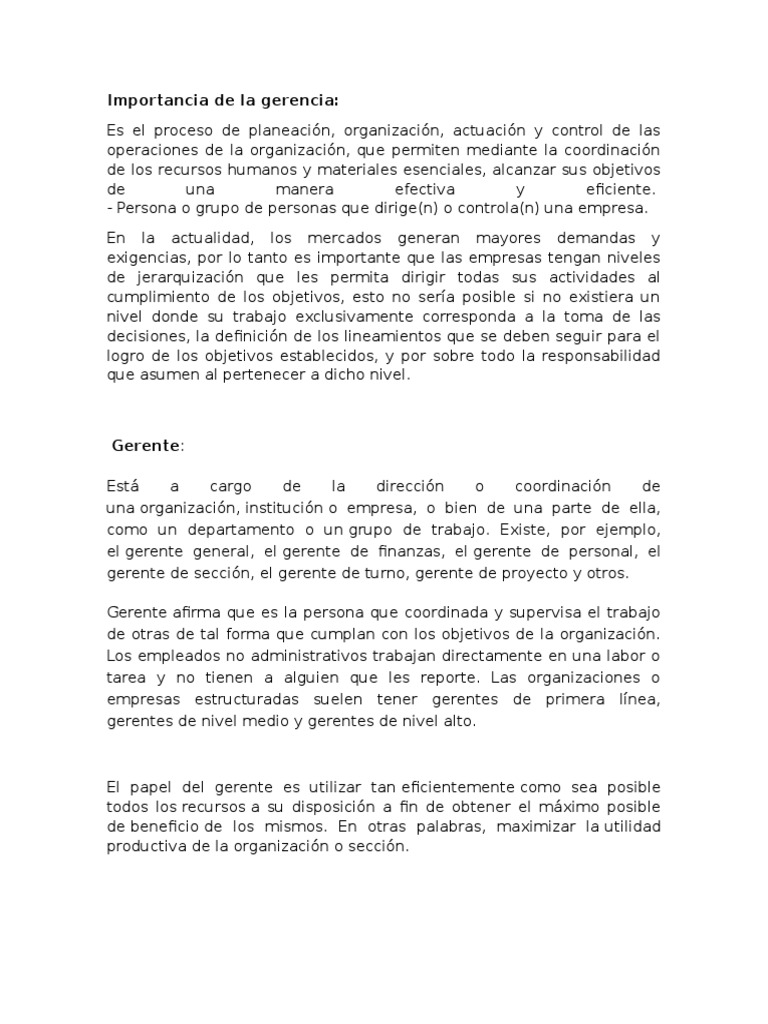 Importancia de la Gerencia en Empresas | PDF | Liderazgo | Toma de ...