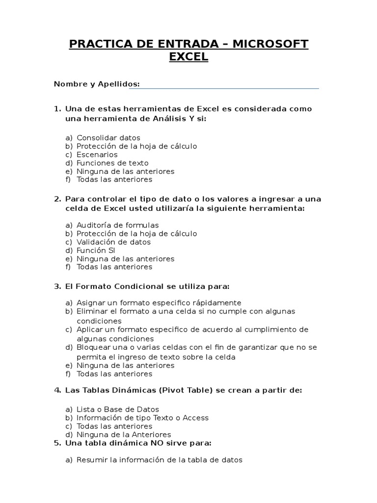 Examen Básico de Excel para Niños | PDF | Microsoft Excel | Tabla (base ...
