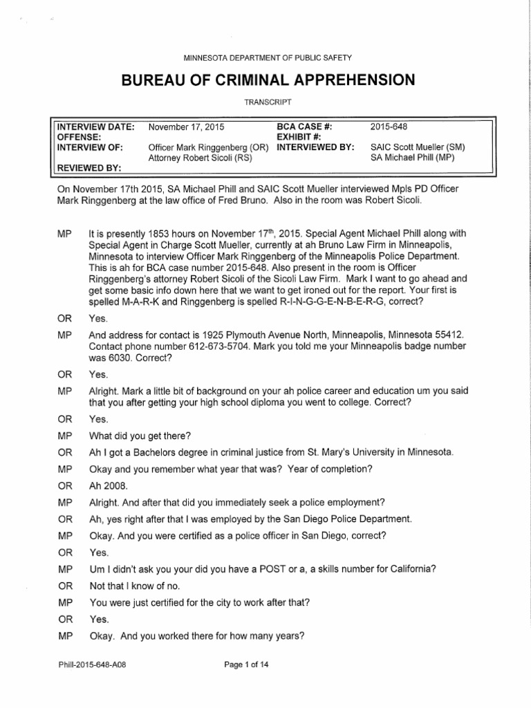 Transcript of Officer Mark Ringgenberg Interview