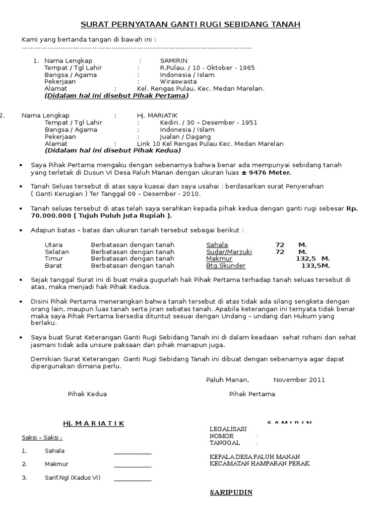 Surat Pernyataan Ganti Rugi Sebidang Tanah