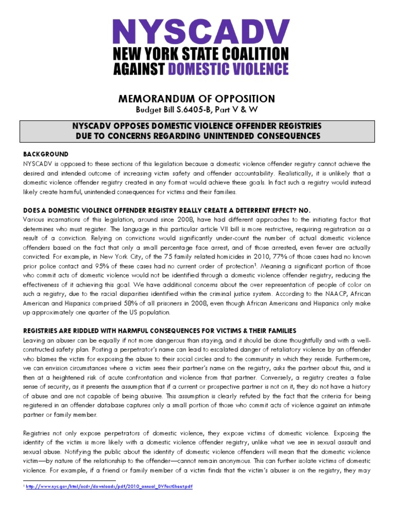 NYSCADV memo opposing creation of violent felony offender registry