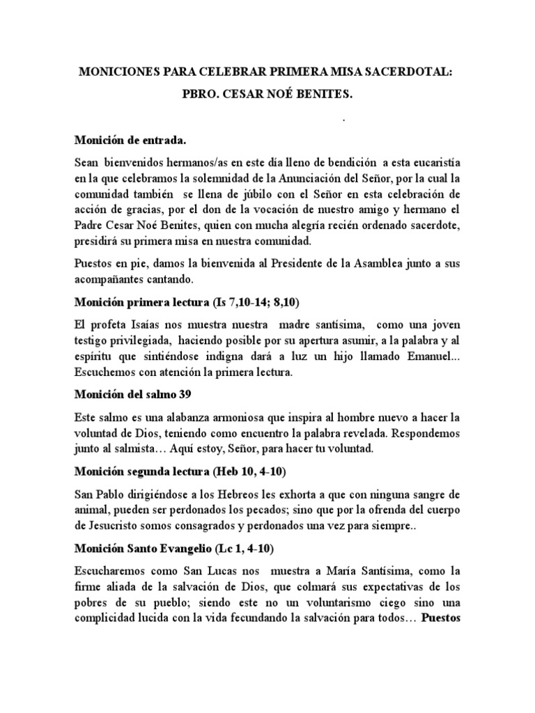 Moniciones Para Primera Misa Sacerdotal Misa (liturgia