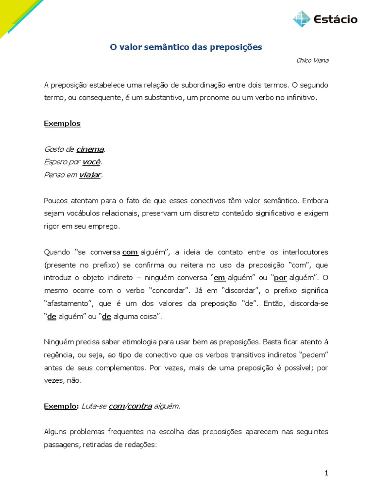 O Valor Semântico Das Preposições | PDF | Pronome | Linguística