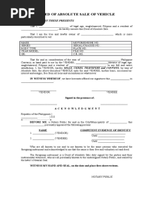 Sample Deed of Sale of Motor Vehicle