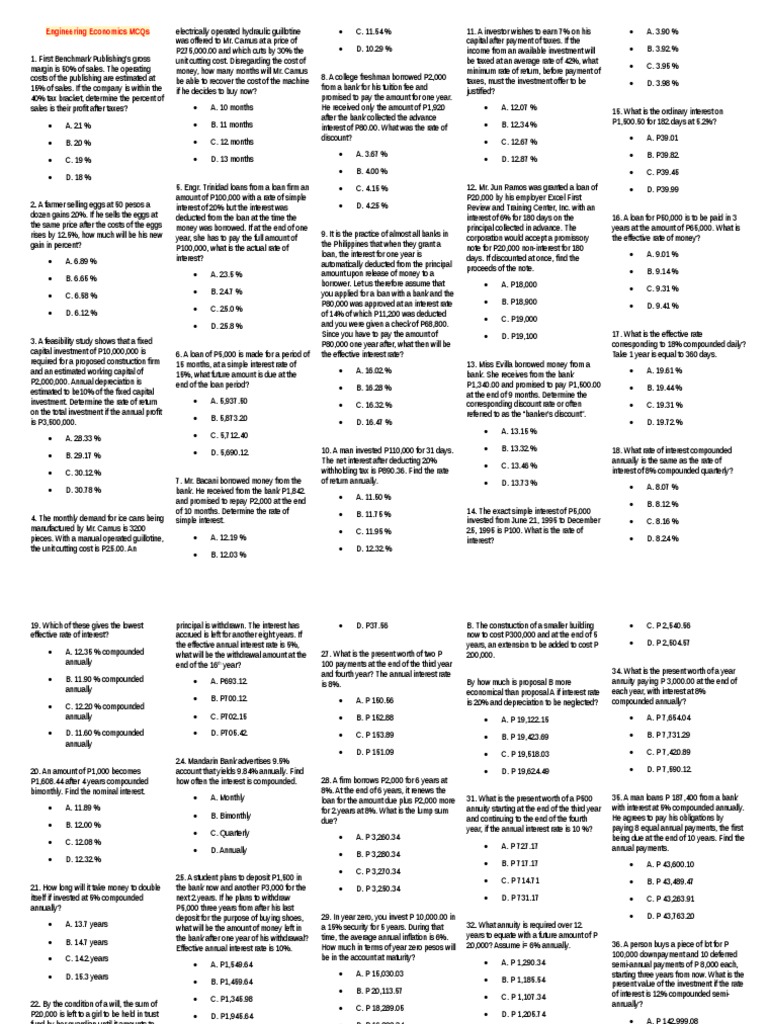 Engineering Economics Multiple Choice Questions Covering Topics in Capital Investment Analysis