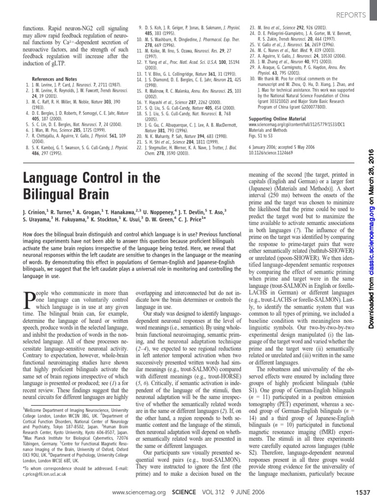 Language Control in The Bilingual Brain: Reports | PDF | Functional ...