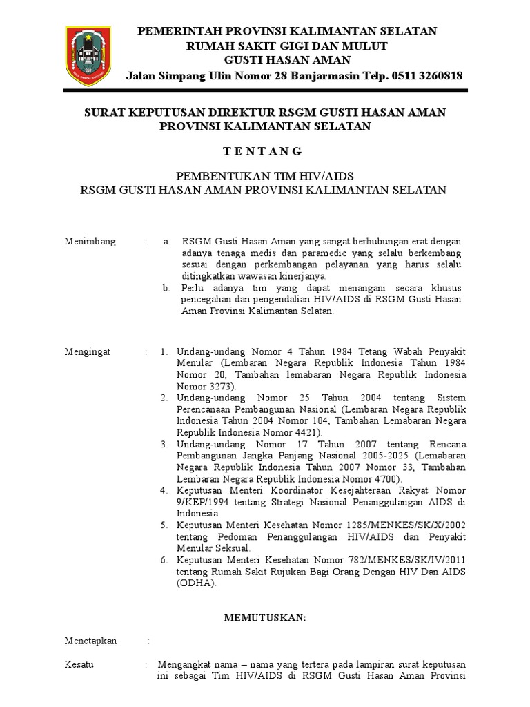 Kebijakan Direktur Tentang Pembentukan Tim Hiv Aids Rsgm Pdf