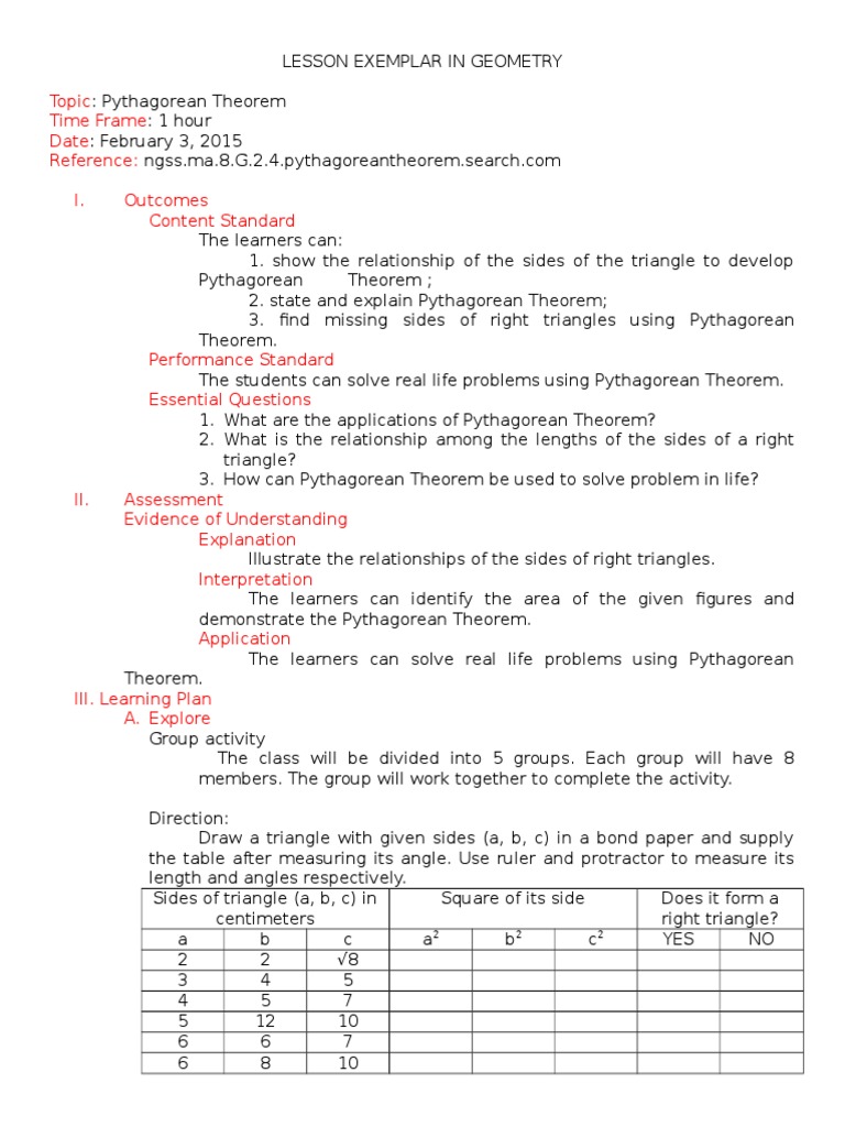 Pythagorean Theorem Lesson Plan | PDF | Elementary Mathematics ...