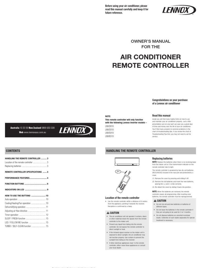 Lennox Ac Remote Controller Owners Manual 20pp Jan 2012 Air Conditioning Remote Control