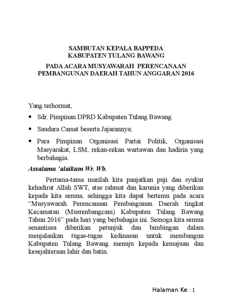 Sambutan Kepala Bappeda Pdf